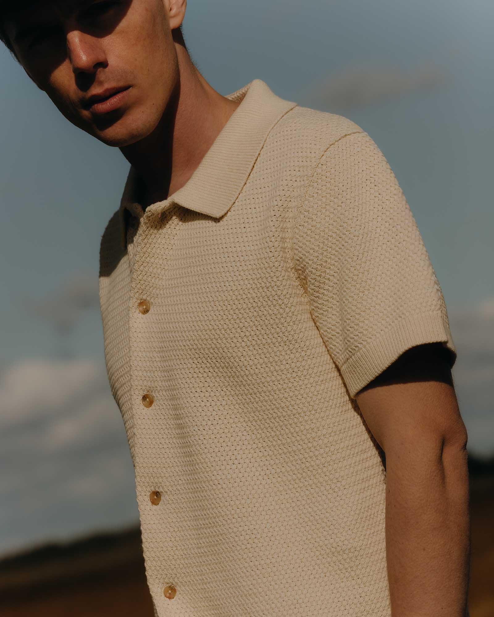The Button Down Polo in Heather Oat Crochet